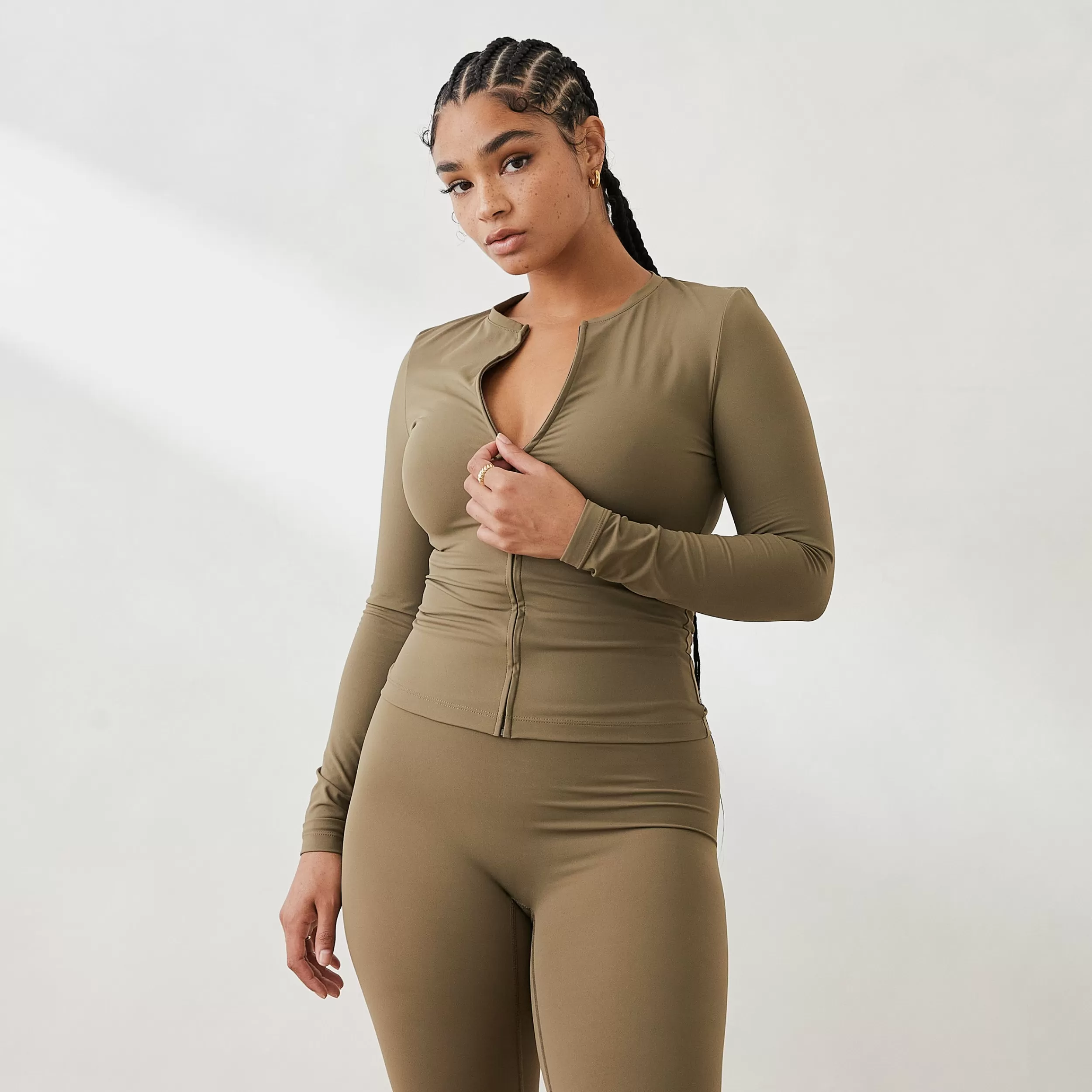 Essential Long Sleeve Zip Up Top - Olive^Lounge Sale